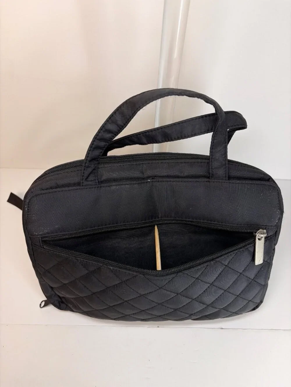 Women's Black Quilted Cosmetic Toiletry Travel Bag Organizer Double Handled